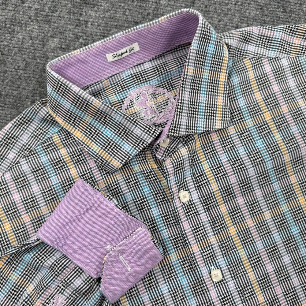 Bugatchi Button Up Shirt Large Multi Color Plaid Shaped Fit Flit‎ Cuff Men's